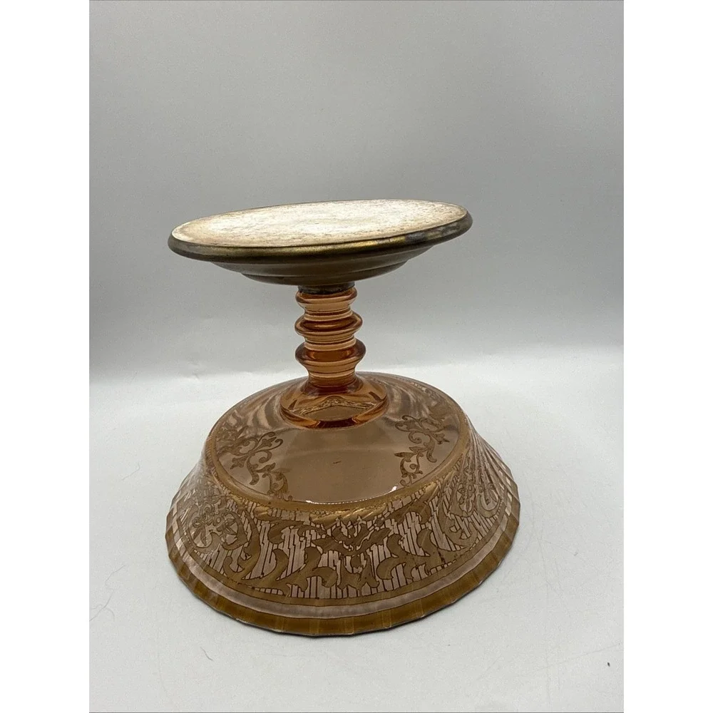 Vintage Fostoria Royal Style Amber Etched Glass Compote Or Candy Footed Bowl